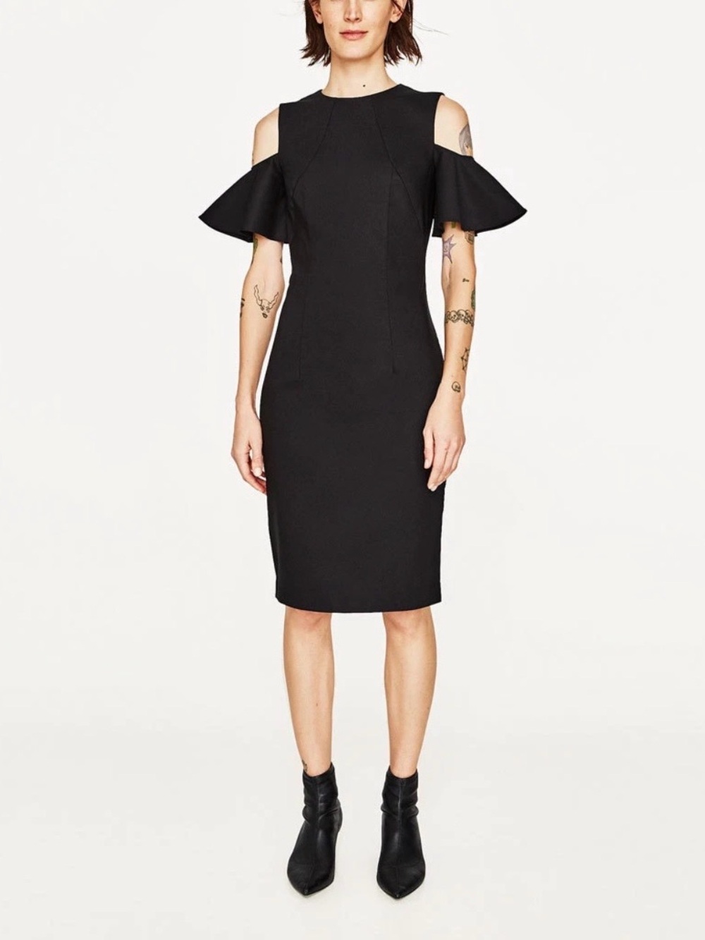 Zara Basic Black Cold Shoulder Sheath Dress Office to Evening Chic LBD